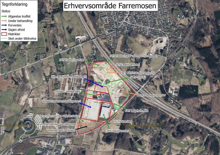 Kort over Erhvervsområde Farremosen med angivelse af status på de forskellige projekter